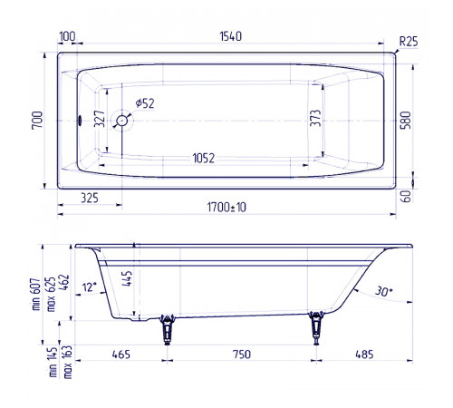 Чугунная ванна Delice Repos 170x70 DLR220508RB с черными матовыми ручками без антискользящего покрытия