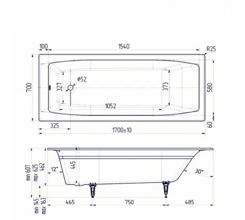 Чугунная ванна Delice Repos 170x70 DLR220508-AS без отверстий под ручки с антискользящим покрытием