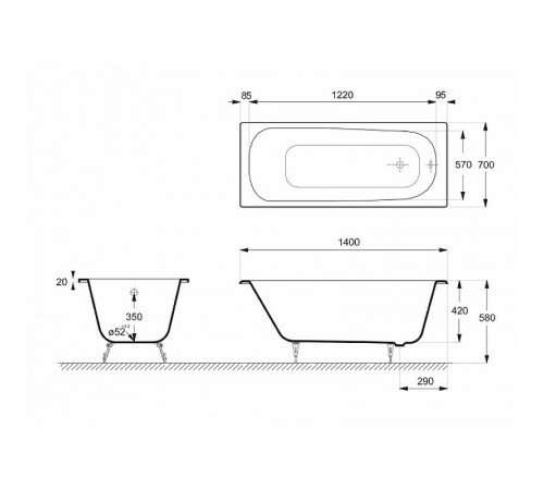 Чугунная ванна Delice Continental 140x70 DLR230619 без отверстий под ручки и антискользящего покрытия