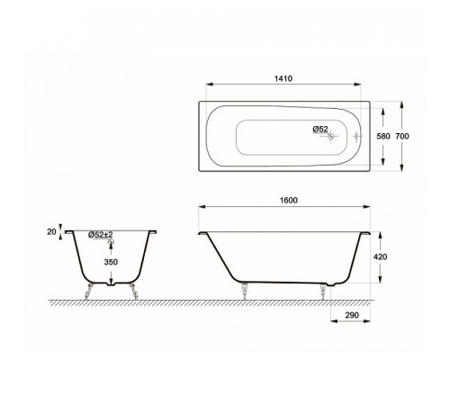 Чугунная ванна Delice Continental 160x70 DLR230626R с отверстиями под ручки без антискользящего покрытия