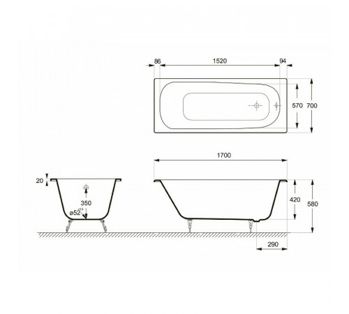 Чугунная ванна Delice Continental 170x70 DLR230613 без отверстий под ручки и антискользящего покрытия