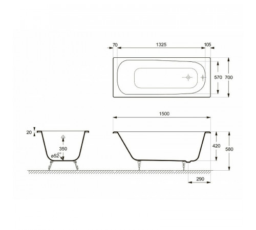 Чугунная ванна Delice Continental 150x70 DLR230612R-AS с отверстиями под ручки с антискользящим покрытием