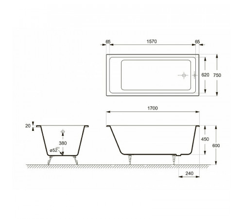 Чугунная ванна Delice Level 170x75 DLR230602 без отверстий под ручки и антискользящего покрытия