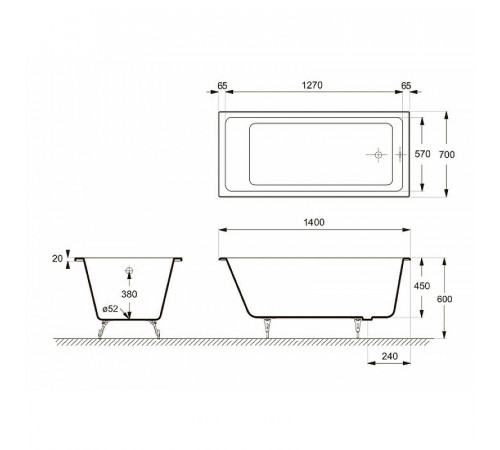 Чугунная ванна Delice Level 140x70 DLR230618R с отверстиями под ручки без антискользящего покрытия