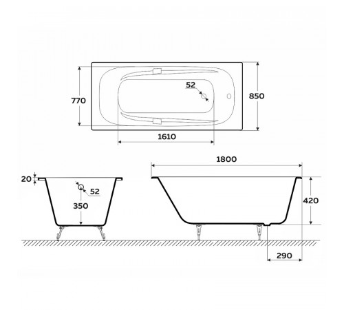 Чугунная ванна Delice Flex 180x85 DLR230632 без отверстий под ручки и антискользящего покрытия