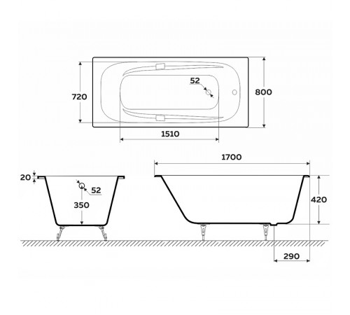 Чугунная ванна Delice Flex 170x80 DLR230631R с отверстиями под ручки без антискользящего покрытия