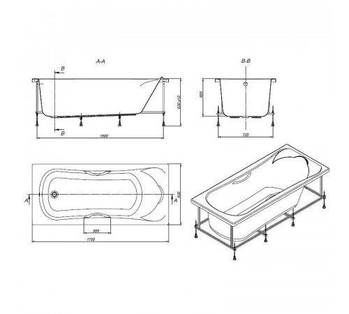 Акриловая ванна Roca BeCool 170x80 ZRU9302852+ZRU9302854+ZRU9302853 с каркасом, фронтальной панелью и ручками