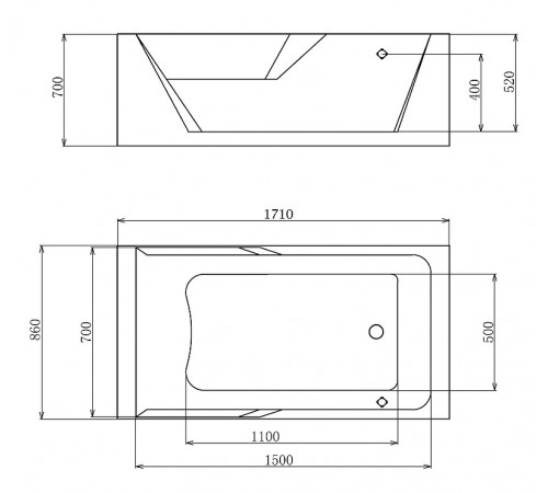 Акриловая ванна Gemy 171x86 G9066 II O R с гидромассажем