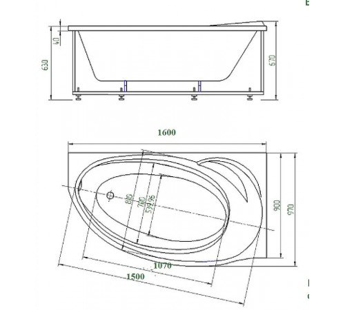 Акриловая ванна Aquatek Бетта 160x97 L BET160-0000027 без гидромассажа с фронтальной панелью с каркасом (разборный) со слив-переливом