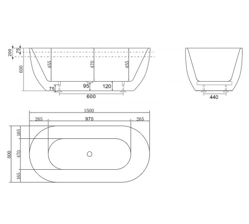 Акриловая ванна BelBagno 150x80 BB70-1500-800-W/NM Черная Белая без гидромассажа