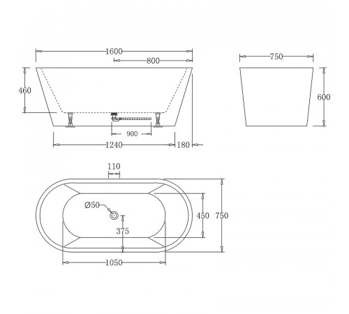 Акриловая ванна BelBagno 160x75 BB71-1600-W0 без гидромассажа