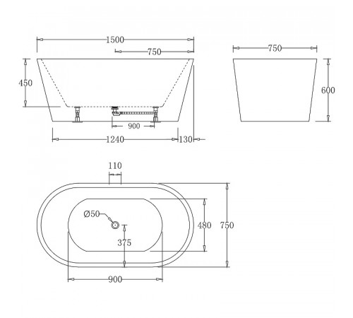 Акриловая ванна BelBagno 150x75 BB71-1500-W0 без гидромассажа