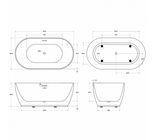 Акриловая ванна BelBagno 150x80 BB413-1500-800 без гидромассажа