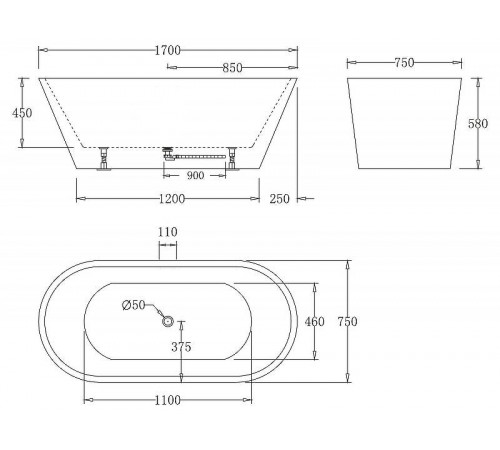 Акриловая ванна BelBagno 170x75 BB61-1700-W0 без гидромассажа