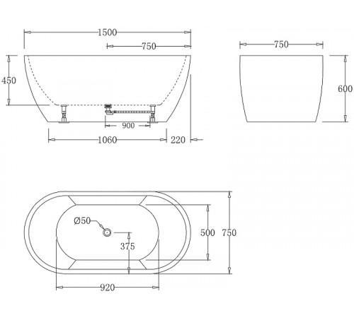 Акриловая ванна BelBagno 150x75 BB70-1500-W0 без гидромассажа