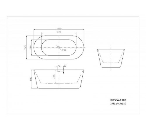 Акриловая ванна BelBagno 158х74 BB306-1585 без гидромассажа