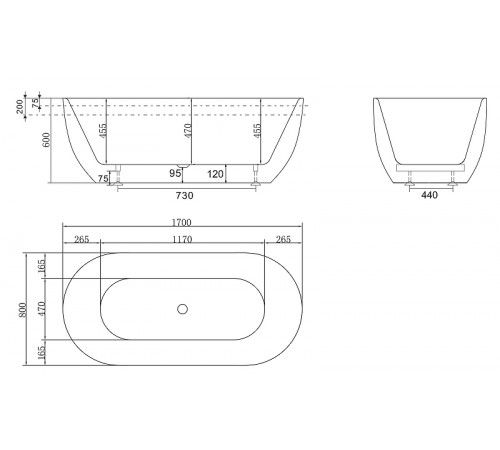 Акриловая ванна BelBagno 170x80 BB70-1700-800-W/NM Черная Белая без гидромассажа