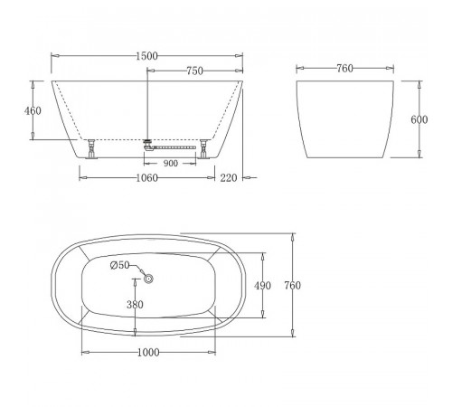 Акриловая ванна BelBagno 150x76 BB72-1500-W0 без гидромассажа