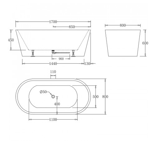 Акриловая ванна BelBagno 170x80 BB71-1700-NERO-W0 Черная Белая без гидромассажа