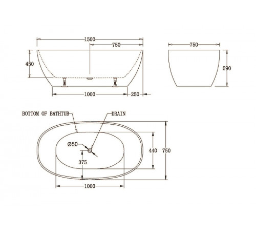 Акриловая ванна BelBagno 150x75 BB81-1500-W0 без гидромассажа