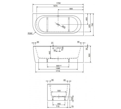 Акриловая ванна Cezares Slim 179x79 R SLIM CORNER-180-80-60-R-NERO-SET без гидромассажа