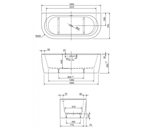 Акриловая ванна Cezares Slim 180x79 SLIM WALL-180-80-60-W37-SET без гидромассажа