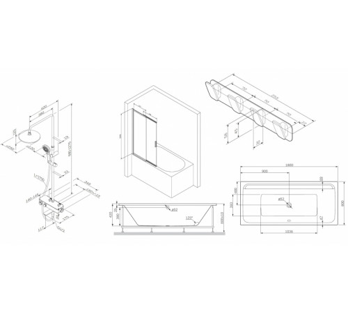 Комплект акриловой ванны AM.PM Inspire V2.0 180x80 WK52EB без гидромассажа с душевой системой со шторкой и аксессуарами