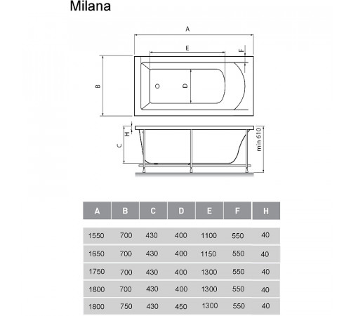 Акриловая ванна Vayer Milana 175x70 Гл000024272 без гидромассажа