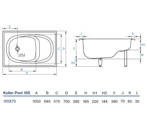 Стальная ванна Koller Pool 105x70E B05E2200E без антискользящего покрытия