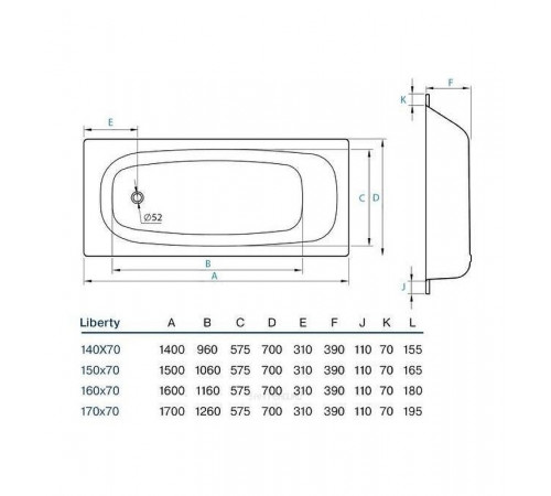 Стальная ванна Koller Pool Liberty 150x70 B50C2200E без антискользящего покрытия