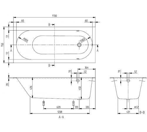 Квариловая ванна Villeroy&Boch Oberon 170x75 UBQ170OBE2V-01 без гидромассажа