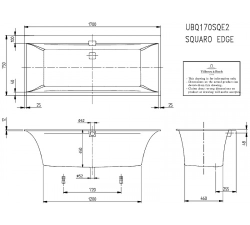 Квариловая ванна Villeroy&Boch Squaro Edge 12 170x75 UBQ170SQE2DV-01 без гидромассажа