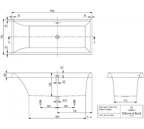 Квариловая ванна Villeroy&Boch Squaro 170x75 UBQ170SQR2V-01 без гидромассажа