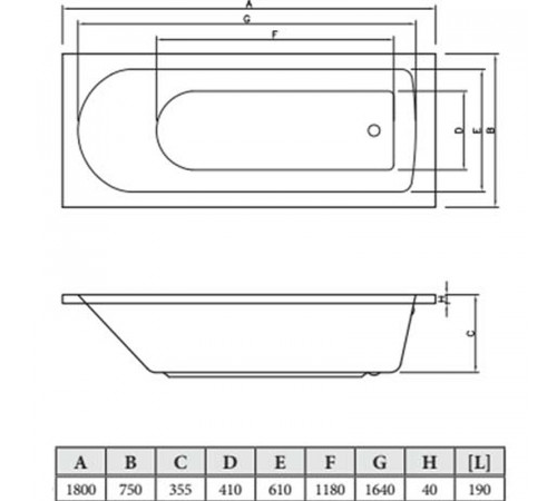 Акриловая ванна C-Bath Geba 180x75 CBQ009002 без гидромассажа