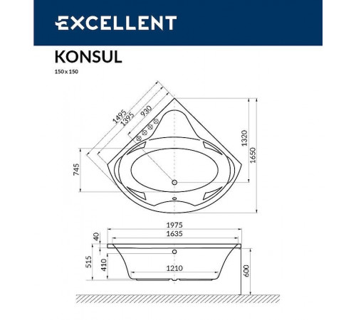 Акриловая ванна Excellent Konsul 150x150 WAEX.KON15.LINE.CR с гидромассажем