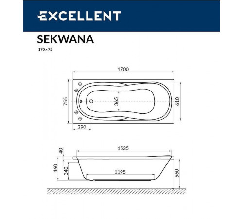 Акриловая ванна Excellent Sekwana 170x75 WAEX.SEK17.SOFT.GL с гидромассажем