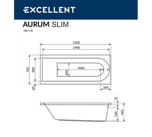 Акриловая ванна Excellent Aurum Slim 150x70 WAEX.AUR15S.HYDRO.CR с гидромассажем