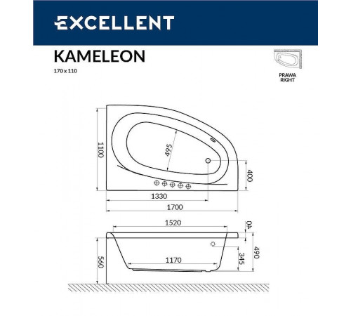 Акриловая ванна Excellent Kameleon 170x110 R WAEX.KMP17.ULTRA.BR с гидромассажем