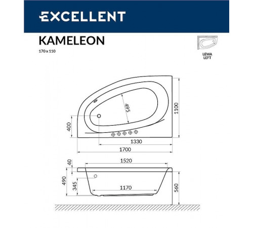 Акриловая ванна Excellent Kameleon 170x110 L WAEX.KML17.LINE.CR с гидромассажем