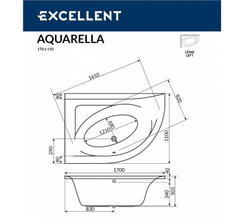 Акриловая ванна Excellent Aquarella 170x110 L WAEX.ARL17.LINE.GL с гидромассажем