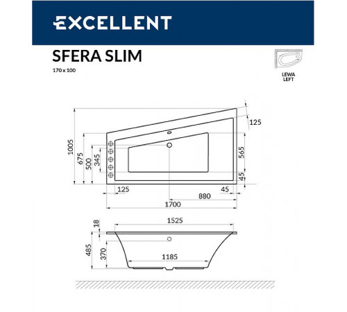 Акриловая ванна Excellent Sfera Slim 170x100 L WAEX.SFL17S.SMART.CR с гидромассажем