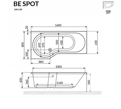 Акриловая ванна Excellent Be Spot 160x80 L WAEX.BSL16WH без гидромассажа