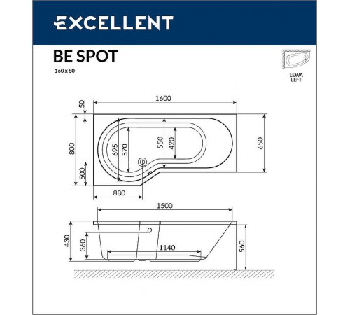 Акриловая ванна Excellent Be Spot 160x80 L WAEX.BSL16.SOFT.BR с гидромассажем