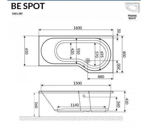 Акриловая ванна Excellent Be Spot 160x80 R WAEX.BSP16WH без гидромассажа