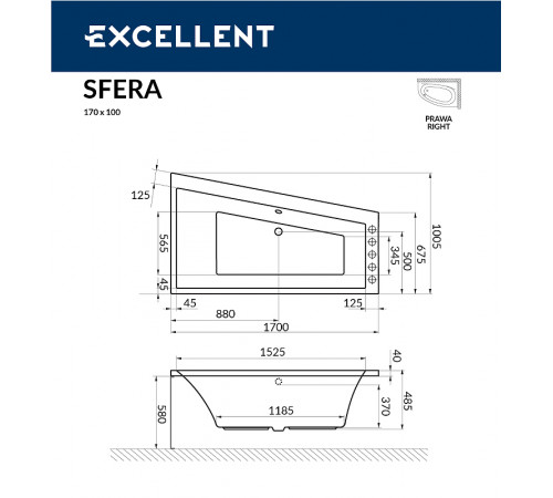 Акриловая ванна Excellent Sfera 170x100 R WAEX.SFP17.ULTRA.CR с гидромассажем