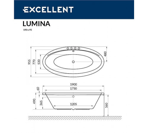 Акриловая ванна Excellent Lumina 190x95 WAEX.LUM19.RELAX.GL с гидромассажем