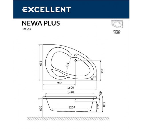 Акриловая ванна Excellent Newa 160x95 R WAEX.NEP16.ULTRA.BR с гидромассажем