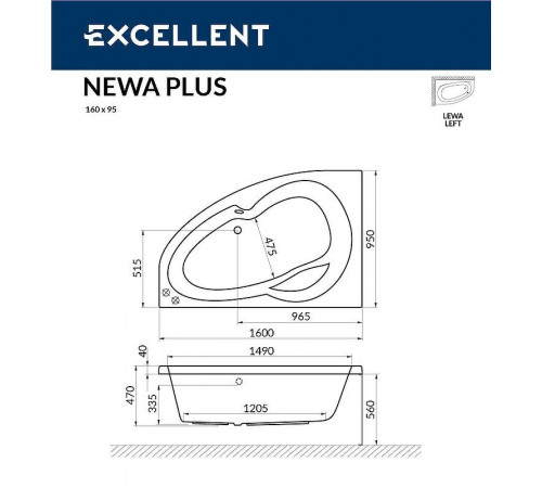 Акриловая ванна Excellent Newa 160x95 L WAEX.NEL16.LINE.CR с гидромассажем