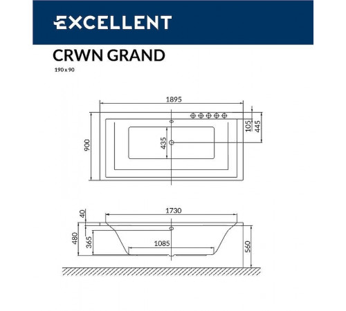 Акриловая ванна Excellent Crown Grand 190x90 WAEX.CRG19.SMART.CR с гидромассажем