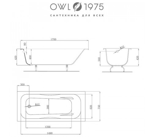 Чугунная ванна Owl 1975 Bjorn 170x75 OWLIB191108 без антискользящего покрытия